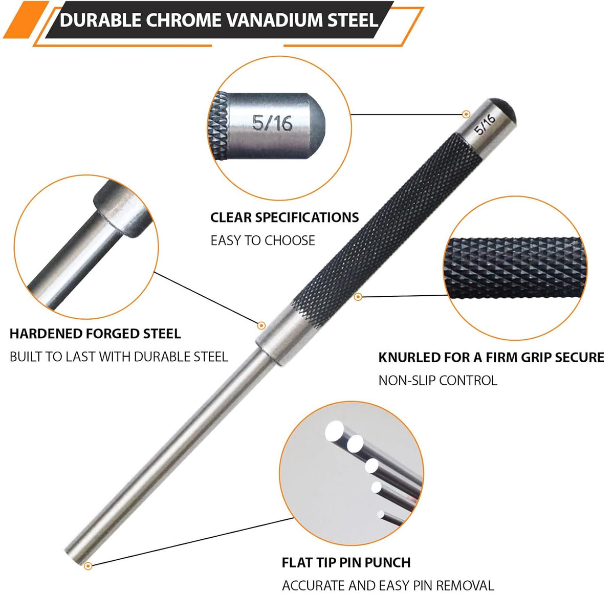 5-Piece Roll Pin Punch Set, 8-Inch Carbon Steel Pin Punch Set | Pin Punch Set with Knurled Grip, Pin Diameter 1/8", 3/16", 1/4", 5/16" and 3/8"