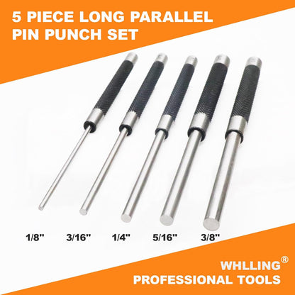 5-Piece Roll Pin Punch Set, 8-Inch Carbon Steel Pin Punch Set | Pin Punch Set with Knurled Grip, Pin Diameter 1/8", 3/16", 1/4", 5/16" and 3/8"