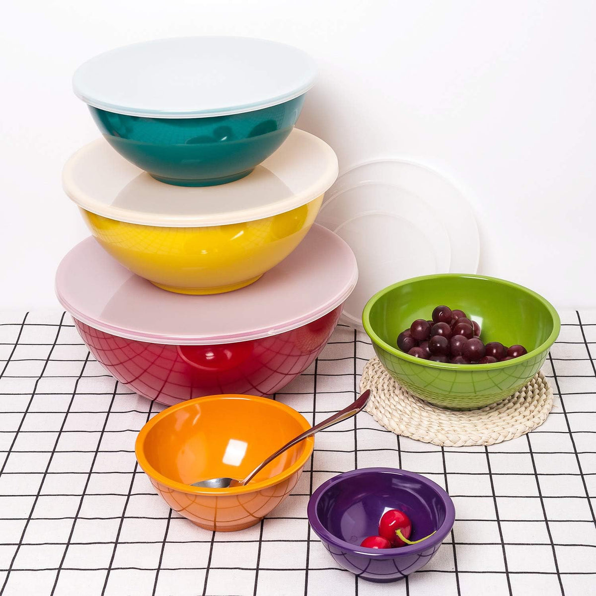 Melamine Mixing Bowls with Lids - 6 Piece Melamine Bowls and 6 Piece Plastic Lids, Multicolor