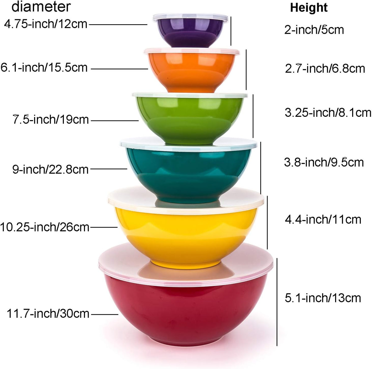 Melamine Mixing Bowls with Lids - 6 Piece Melamine Bowls and 6 Piece Plastic Lids, Multicolor