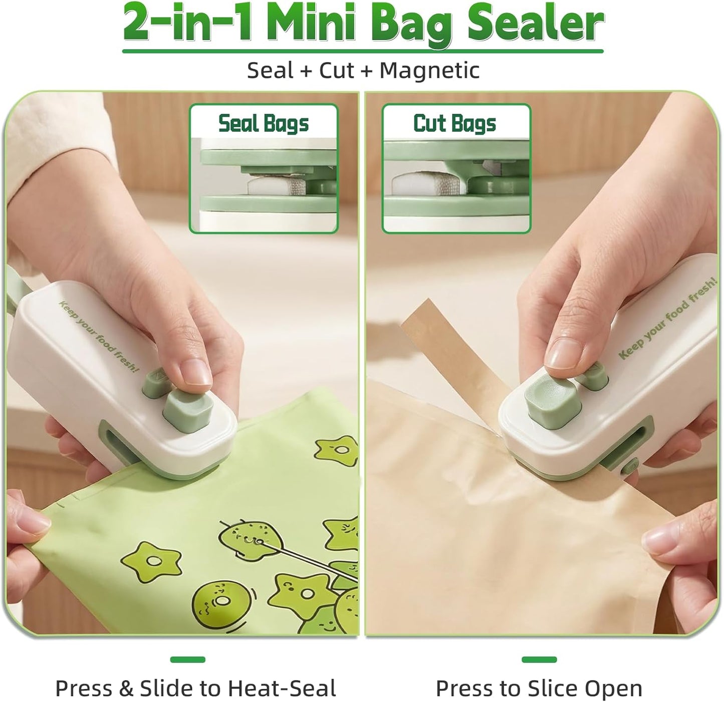2in1 Mini Bag Sealer, Rechargeable Heat Sealer with Cutter and Magnet | Portable Design ,Bag Resealer for Food Storage ,Snacks Freshness, Use for Kitchen ,Green