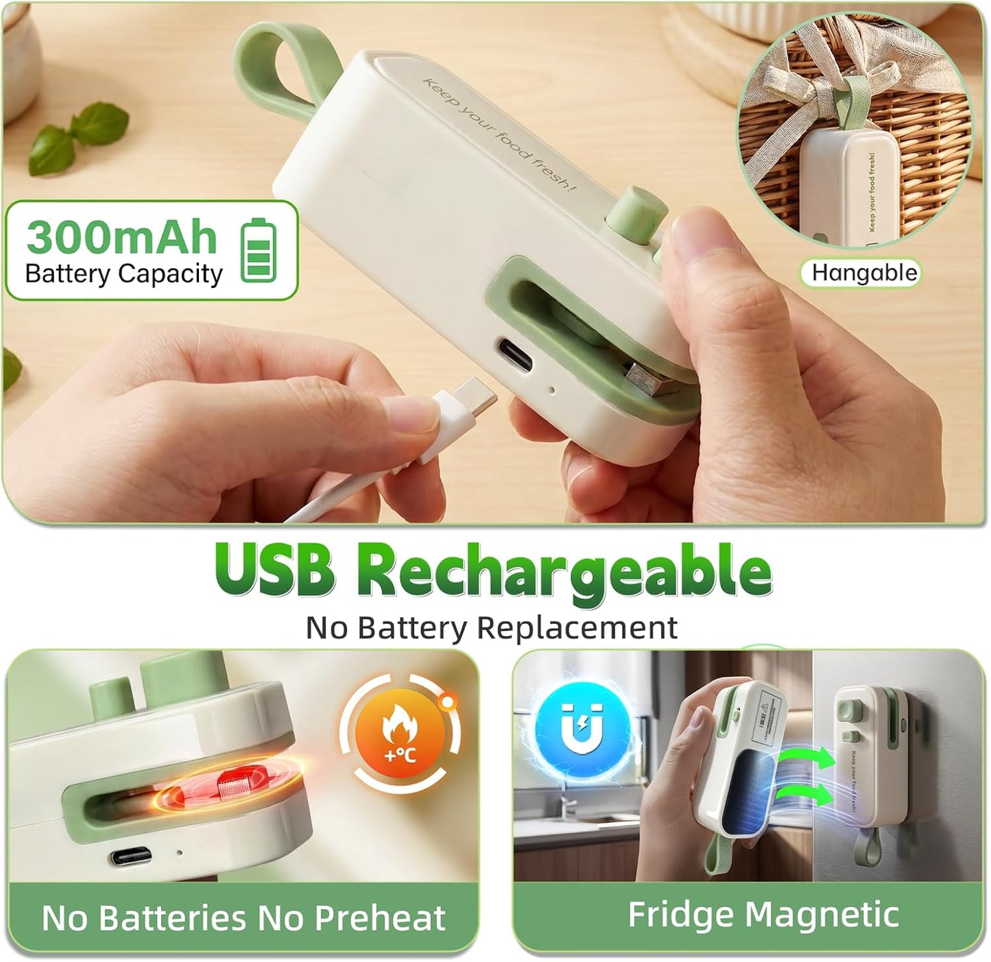 2in1 Mini Bag Sealer, Rechargeable Heat Sealer with Cutter and Magnet | Portable Design ,Bag Resealer for Food Storage ,Snacks Freshness, Use for Kitchen ,Green