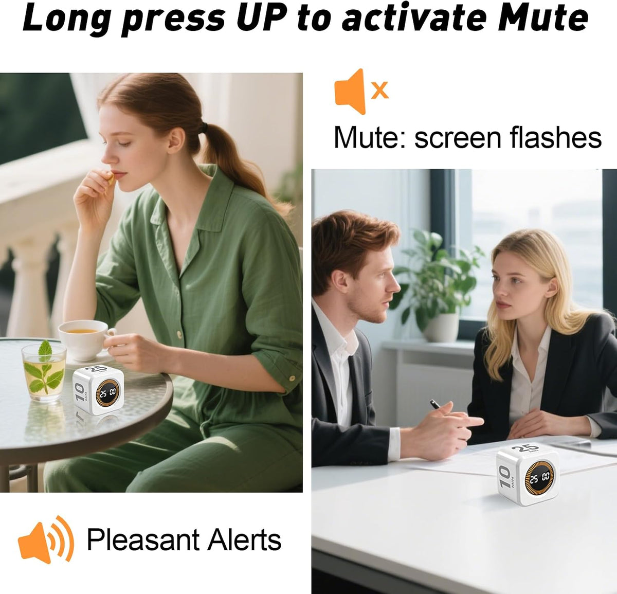 Rotating Timer Cube for Productivity — 5/25/10/50 Minutes Preset, Digital Gravity Sensor Desk Visual Timer for ADHD, Silent Mode, Ideal for Office, Study, Kitchen & Kids