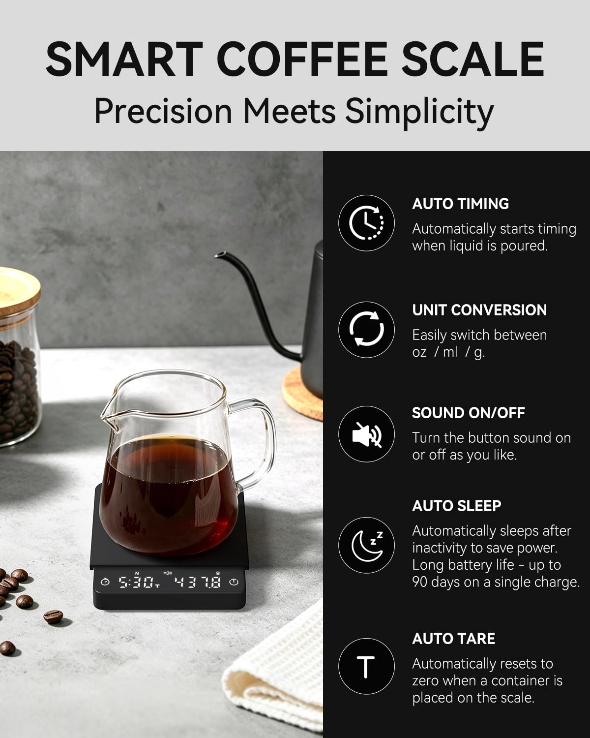 Coffee Scale 0.1g Timer Flow Rate Ratio USB-C