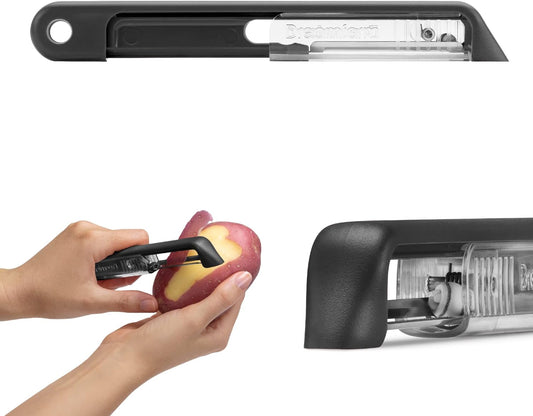 Sharple Self-Sharpening Vegetable Peeler - Black | Ceramic sharpener in safety cover automatically hones stainless steel swivel blade, suitable for left & right handed use