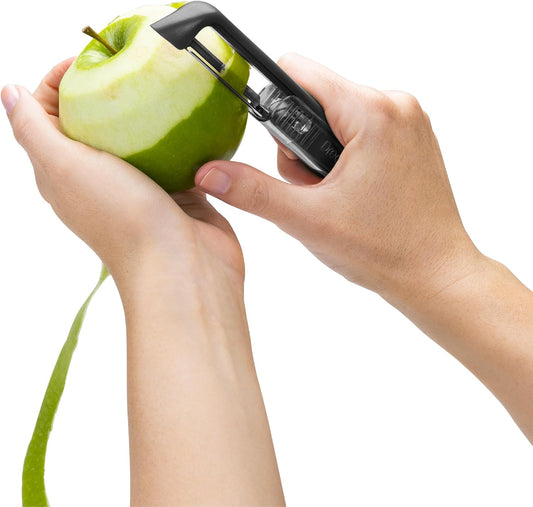 Sharple Self-Sharpening Vegetable Peeler - Black | Ceramic sharpener in safety cover automatically hones stainless steel swivel blade, suitable for left & right handed use