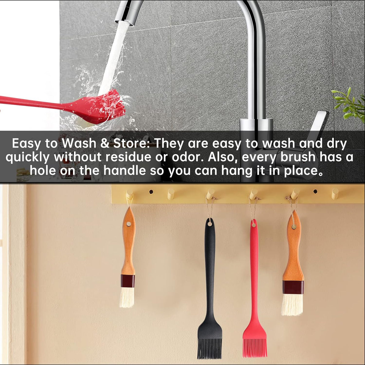 4 Pack Silicone Basting Pastry Brushes with 2 Wood Handle Oil Brushes