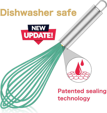 Silicone Whisk,Heat Resistant 480°F Whisks For Cooking Non Scratch,Stainless Steel wired wisk,Plastic Rubber Whisk Tool For Nonstick Cookware Pans,Silicon Wisks Set of 4,Blue