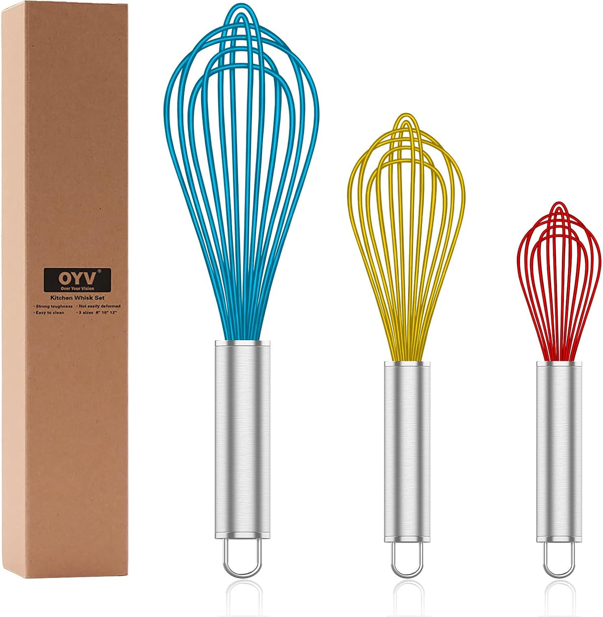Silicone Whisk,Heat Resistant 480°F Whisks For Cooking Non Scratch,Stainless Steel wired wisk,Plastic Rubber Whisk Tool For Nonstick Cookware Pans,Silicon Wisks Set of 4,Blue