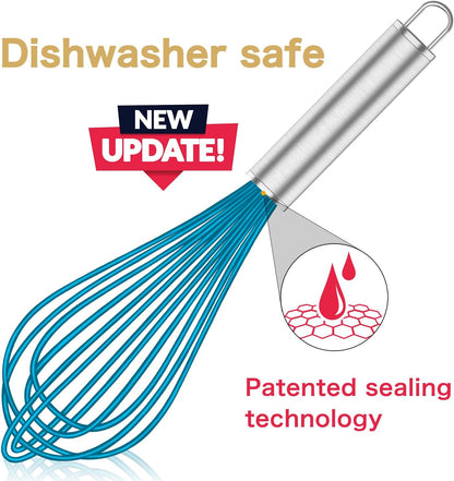 Silicone Whisk,Heat Resistant 480°F Whisks For Cooking Non Scratch,Stainless Steel wired wisk,Plastic Rubber Whisk Tool For Nonstick Cookware Pans,Silicon Wisks Set of 4,Blue