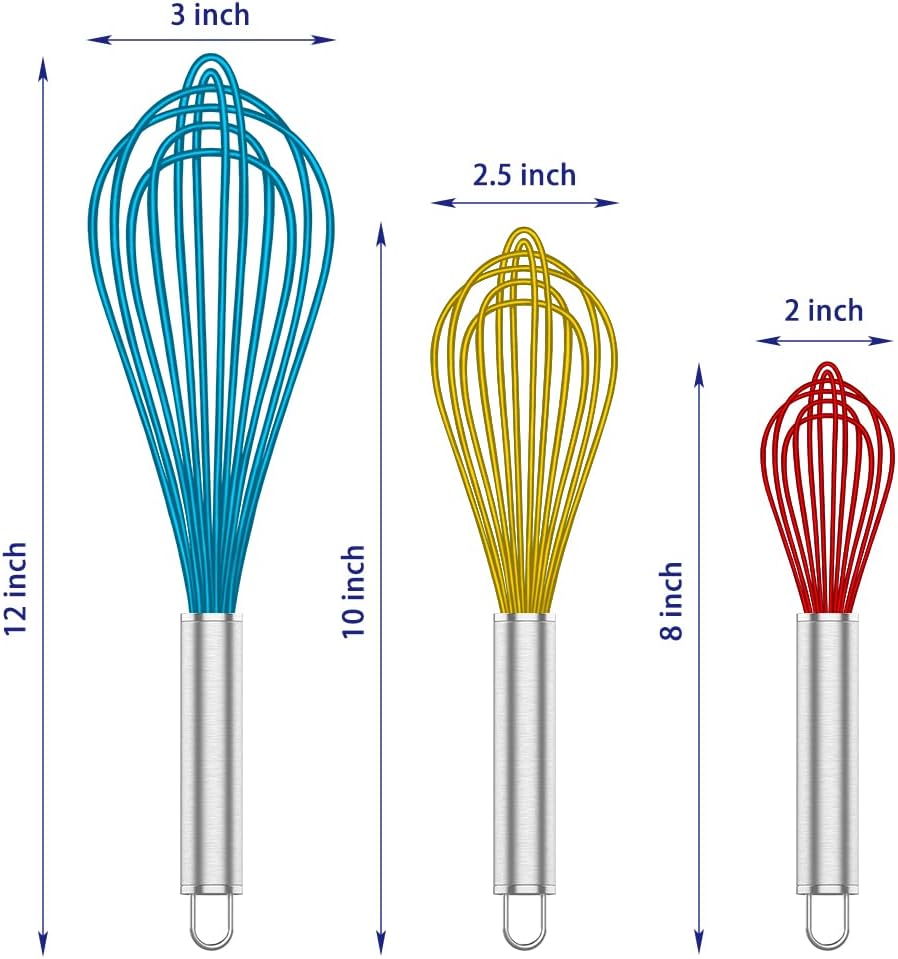 Silicone Whisk,Heat Resistant 480°F Whisks For Cooking Non Scratch,Stainless Steel wired wisk,Plastic Rubber Whisk Tool For Nonstick Cookware Pans,Silicon Wisks Set of 4,Blue