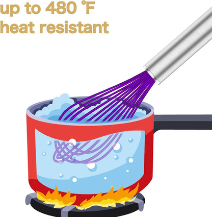 Silicone Whisk,Heat Resistant 480°F Whisks For Cooking Non Scratch,Stainless Steel wired wisk,Plastic Rubber Whisk Tool For Nonstick Cookware Pans,Silicon Wisks Set of 4,Blue
