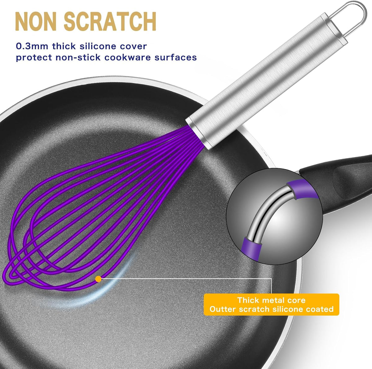 Silicone Whisk,Heat Resistant 480°F Whisks For Cooking Non Scratch,Stainless Steel wired wisk,Plastic Rubber Whisk Tool For Nonstick Cookware Pans,Silicon Wisks Set of 4,Blue