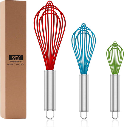 Silicone Whisk,Heat Resistant 480°F Whisks For Cooking Non Scratch,Stainless Steel wired wisk,Plastic Rubber Whisk Tool For Nonstick Cookware Pans,Silicon Wisks Set of 4,Blue