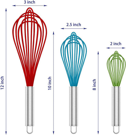 Silicone Whisk,Heat Resistant 480°F Whisks For Cooking Non Scratch,Stainless Steel wired wisk,Plastic Rubber Whisk Tool For Nonstick Cookware Pans,Silicon Wisks Set of 4,Blue