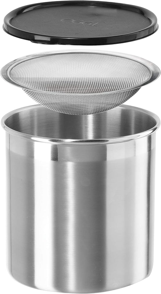 Stainless Steel Jumbo Grease Container with Removable Strainer and Snug Lid. Perfect container for fryer oil, bacon drippings, lard and ghee oil. Large capacity can - 1 Gall / 4 Qt / 3.75 Lt