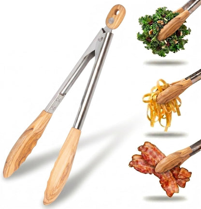 11-Inch Olive Wood Tongs, Long Handle Kitchen Tongs for Cooking, Salad, Pasta, and Grilling, Farmhouse Style Kitchen & Cookware, Ideal for Entertaining, Wedding and Housewarming Gift