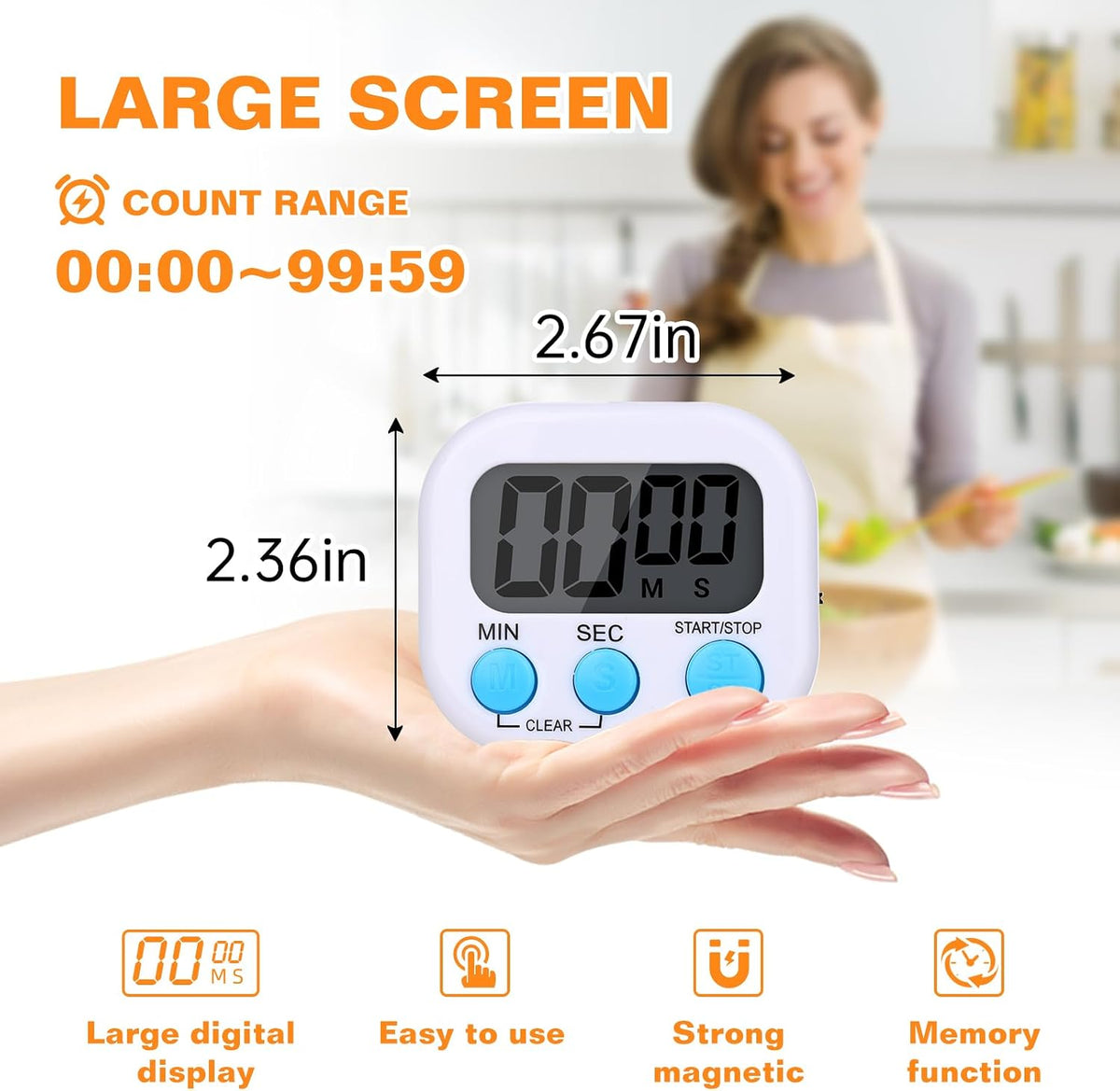 12 Pack Digital Kitchen Timers, Magnetic Countdown Timer with Loud Alarm