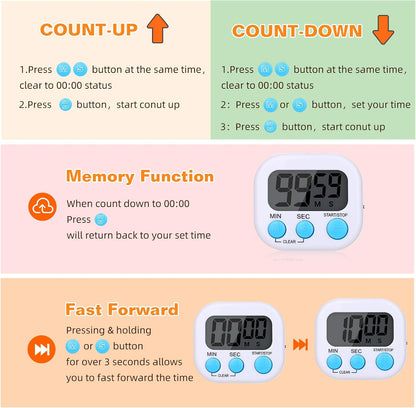 12 Pack Digital Kitchen Timers, Magnetic Countdown Timer with Loud Alarm