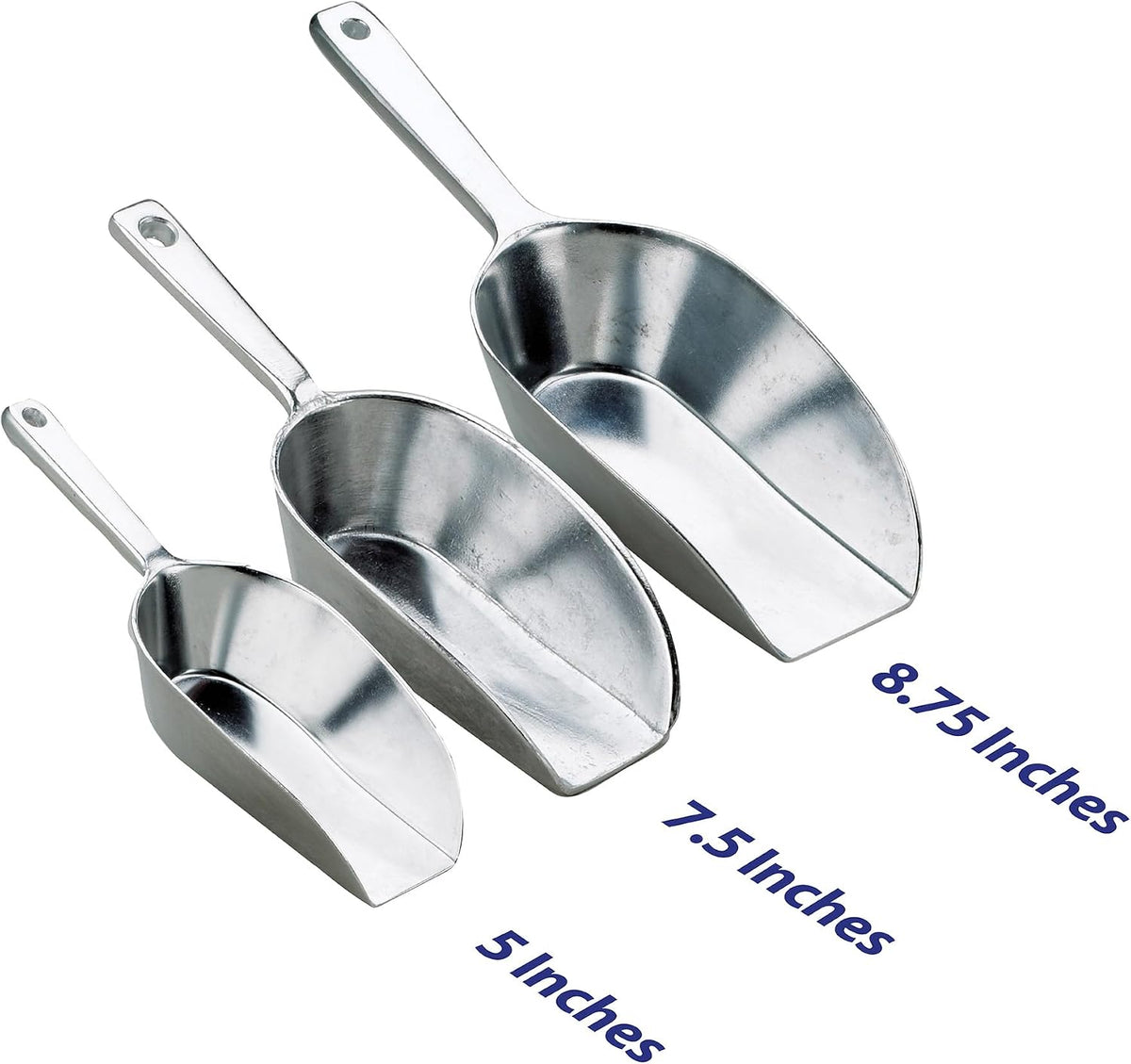 Kitchen Flat Bottom Food Scoops, 5-Inch, 7.5-Inch, 8.75-Inch, Commercial-Grade Anodized Cast Aluminum, Set of 3