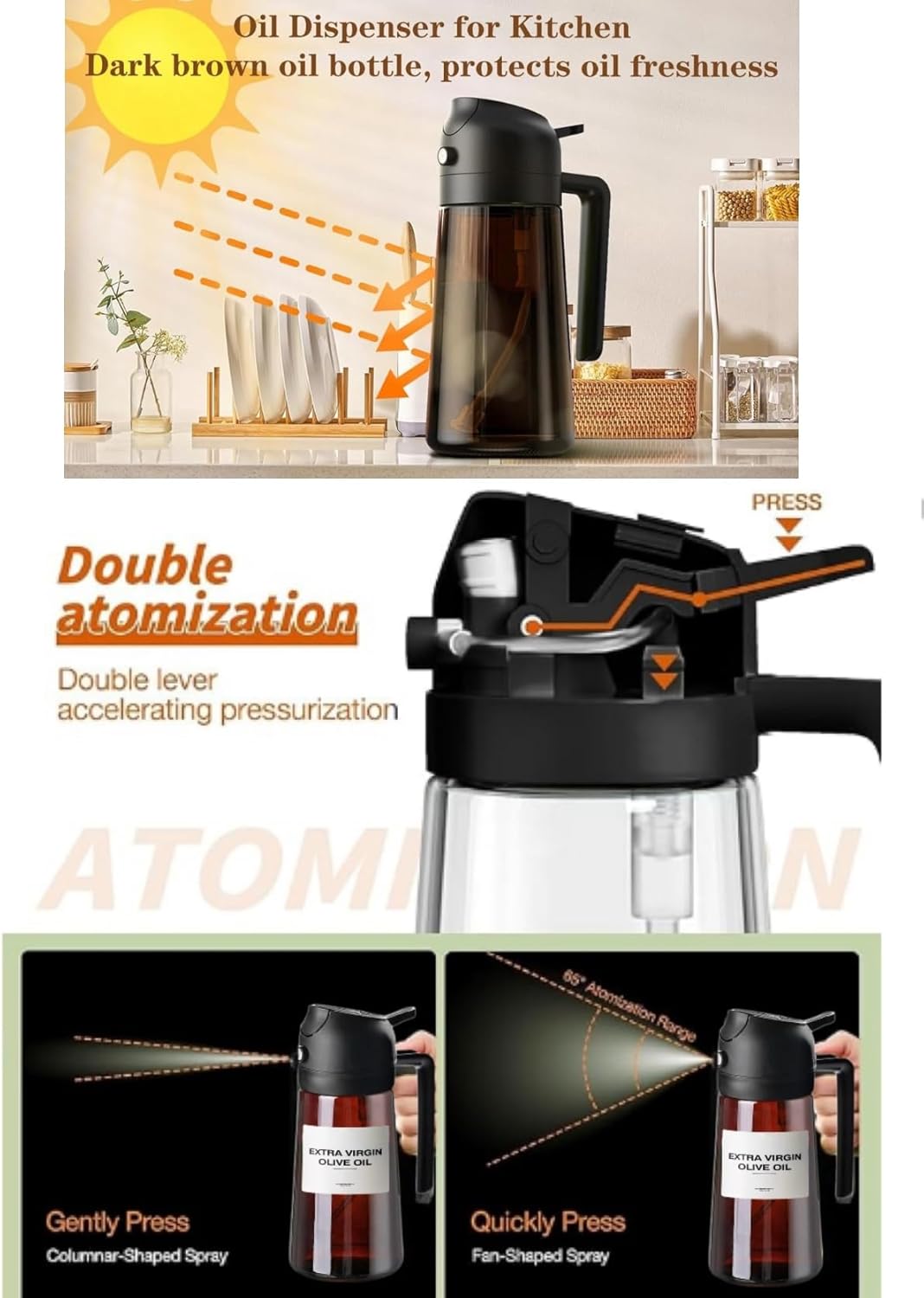 2 In1 Olive Oil Edible oil Dispenser for Kitchen, 16oz Oil Sprayer Bottle for Cooking, Glass Oil BottleSpray and Pour，Food-Grade Mister for Air Fryer, Salad,Baking，BBQ, Upgraded Light Blockin