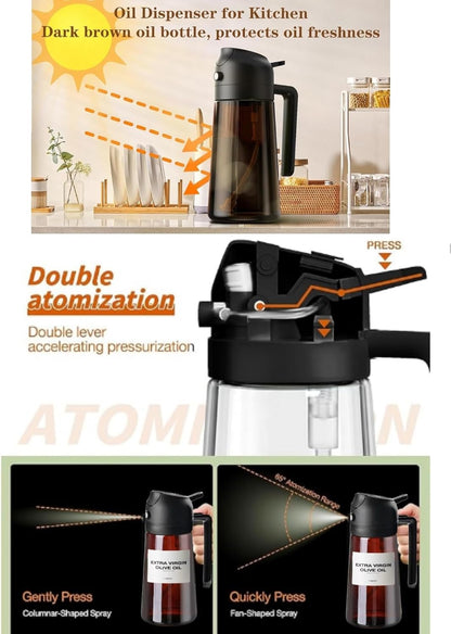 2 In1 Olive Oil Edible oil Dispenser for Kitchen, 16oz Oil Sprayer Bottle for Cooking, Glass Oil BottleSpray and Pour，Food-Grade Mister for Air Fryer, Salad,Baking，BBQ, Upgraded Light Blockin