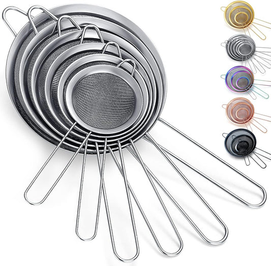 Fine Mesh Strainer 6 Pieces Set, Flour Sifter For Baking, Stainless Steel Clander, Matcha Tea Strainer, Gravy Separator, Stasher Sieve Pasta Strainers
