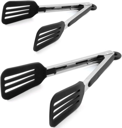 Cooking Tongs 9" and 12" Stainless Steel Kitchen Silicone Serving Tongs | Heat Resistant Meat Turner Spatula Tong Fish Tongs for Grilling Steak Salad Pasta Buffet Serving (Black)