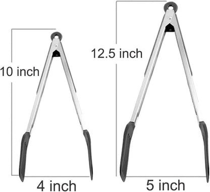 Cooking Tongs 9" and 12" Stainless Steel Kitchen Silicone Serving Tongs | Heat Resistant Meat Turner Spatula Tong Fish Tongs for Grilling Steak Salad Pasta Buffet Serving (Black)