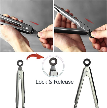 Cooking Tongs 9" and 12" Stainless Steel Kitchen Silicone Serving Tongs | Heat Resistant Meat Turner Spatula Tong Fish Tongs for Grilling Steak Salad Pasta Buffet Serving (Black)