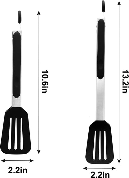 Cooking Tongs 9" and 12" Stainless Steel Kitchen Silicone Serving Tongs | Heat Resistant Meat Turner Spatula Tong Fish Tongs for Grilling Steak Salad Pasta Buffet Serving (Black)