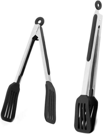Cooking Tongs 9" and 12" Stainless Steel Kitchen Silicone Serving Tongs | Heat Resistant Meat Turner Spatula Tong Fish Tongs for Grilling Steak Salad Pasta Buffet Serving (Black)