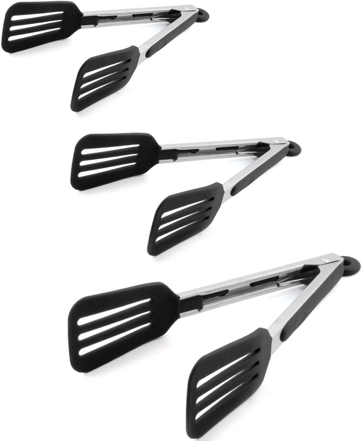 Cooking Tongs 9" and 12" Stainless Steel Kitchen Silicone Serving Tongs | Heat Resistant Meat Turner Spatula Tong Fish Tongs for Grilling Steak Salad Pasta Buffet Serving (Black)