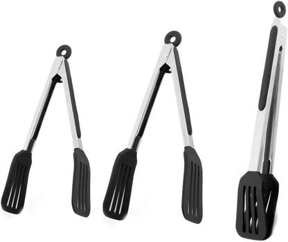 Cooking Tongs 9" and 12" Stainless Steel Kitchen Silicone Serving Tongs | Heat Resistant Meat Turner Spatula Tong Fish Tongs for Grilling Steak Salad Pasta Buffet Serving (Black)