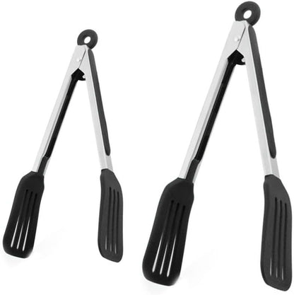 Cooking Tongs 9" and 12" Stainless Steel Kitchen Silicone Serving Tongs | Heat Resistant Meat Turner Spatula Tong Fish Tongs for Grilling Steak Salad Pasta Buffet Serving (Black)