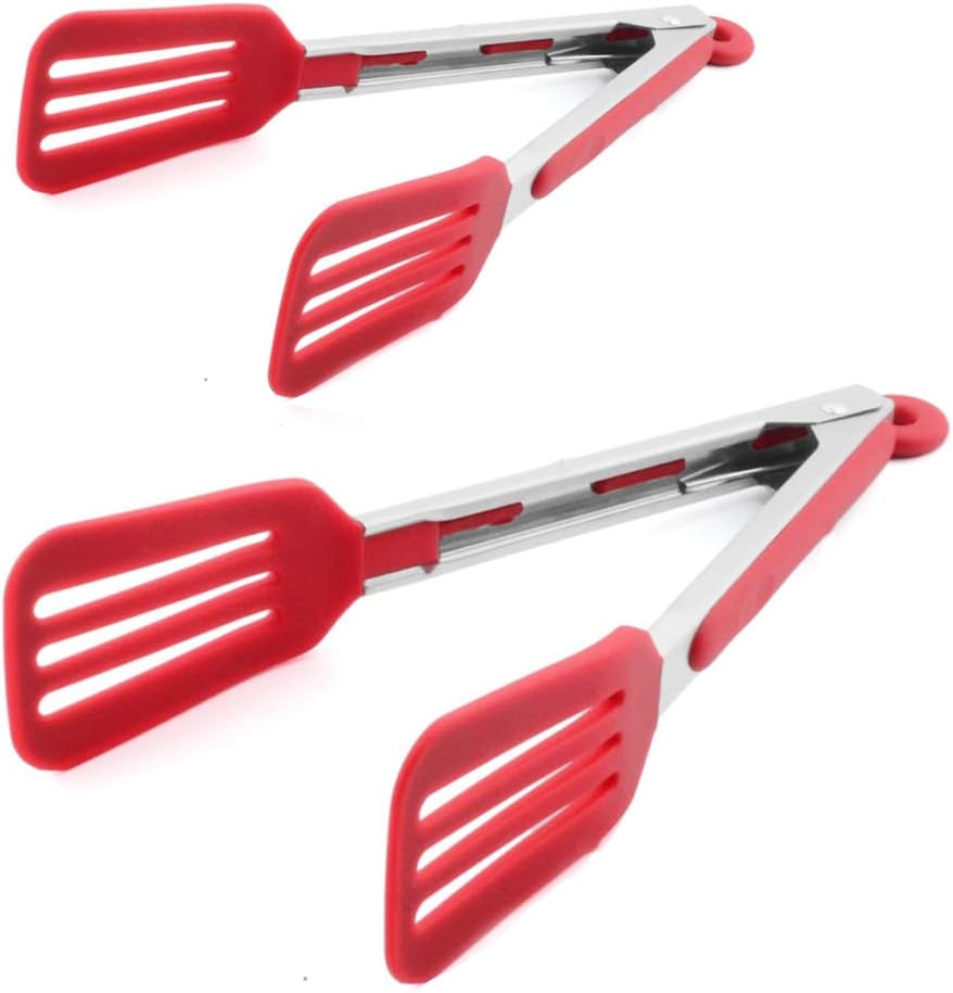 Cooking Tongs 9" and 12" Stainless Steel Kitchen Silicone Serving Tongs | Heat Resistant Meat Turner Spatula Tong Fish Tongs for Grilling Steak Salad Pasta Buffet Serving (Black)
