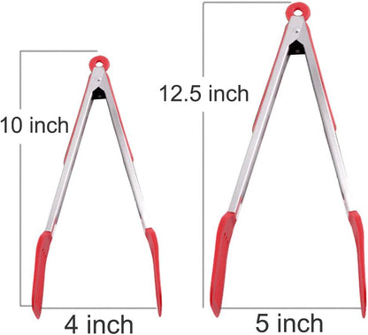 Cooking Tongs 9" and 12" Stainless Steel Kitchen Silicone Serving Tongs | Heat Resistant Meat Turner Spatula Tong Fish Tongs for Grilling Steak Salad Pasta Buffet Serving (Black)