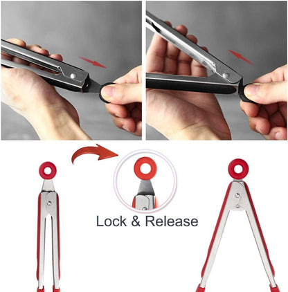 Cooking Tongs 9" and 12" Stainless Steel Kitchen Silicone Serving Tongs | Heat Resistant Meat Turner Spatula Tong Fish Tongs for Grilling Steak Salad Pasta Buffet Serving (Black)