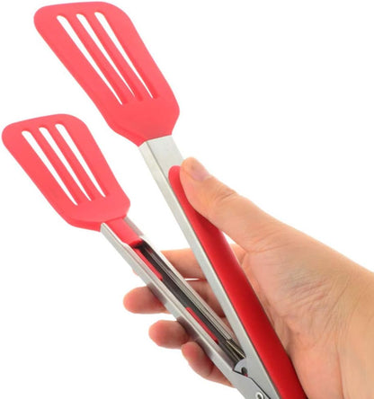 Cooking Tongs 9" and 12" Stainless Steel Kitchen Silicone Serving Tongs | Heat Resistant Meat Turner Spatula Tong Fish Tongs for Grilling Steak Salad Pasta Buffet Serving (Black)