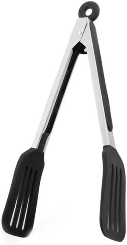 Cooking Tongs 9" and 12" Stainless Steel Kitchen Silicone Serving Tongs | Heat Resistant Meat Turner Spatula Tong Fish Tongs for Grilling Steak Salad Pasta Buffet Serving (Black)