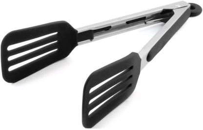 Cooking Tongs 9" and 12" Stainless Steel Kitchen Silicone Serving Tongs | Heat Resistant Meat Turner Spatula Tong Fish Tongs for Grilling Steak Salad Pasta Buffet Serving (Black)