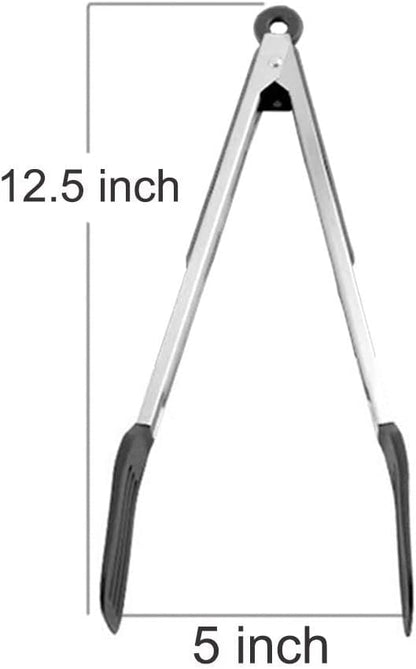 Cooking Tongs 9" and 12" Stainless Steel Kitchen Silicone Serving Tongs | Heat Resistant Meat Turner Spatula Tong Fish Tongs for Grilling Steak Salad Pasta Buffet Serving (Black)