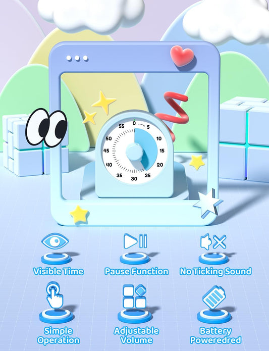 LIORQUE Visual Timer for Kids with Pause Function and Protective Case | Timer, 3-level Volume, 60-Minute Kids Countdown Timer for Classroom Kitchen Office ADHD, AAA Batteries Included