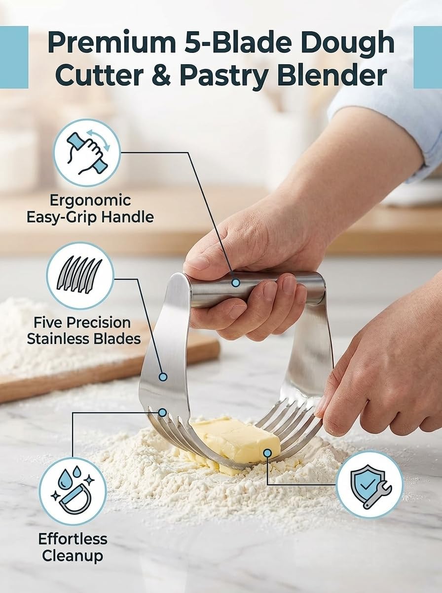 Stainless Steel Dough Cutter with 5 Blades, Food Grade Pastry Blender, 4.45 Inch Height Easy Grip Handle for Baking
