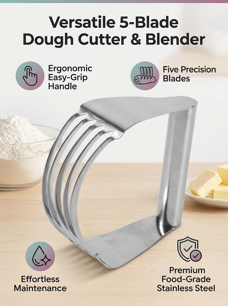 Stainless Steel Dough Cutter with 5 Blades, Food Grade Pastry Blender, 4.45 Inch Height Easy Grip Handle for Baking