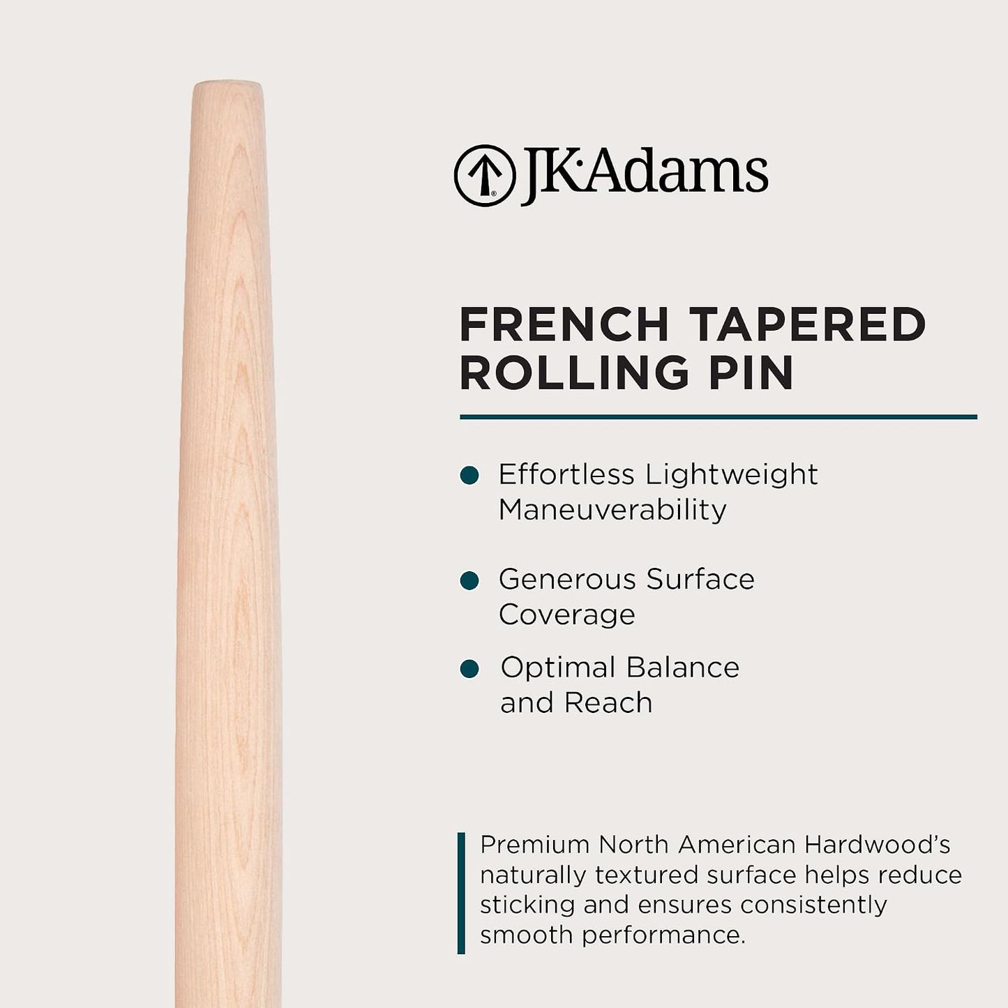 French Tapered Rolling Pin, Wooden Baking Dowel, 20.5" x 1.5"