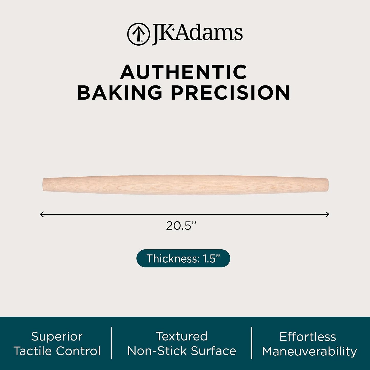 French Tapered Rolling Pin, Wooden Baking Dowel, 20.5" x 1.5"