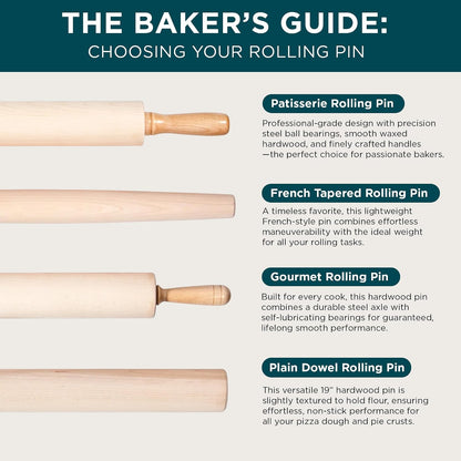 French Tapered Rolling Pin, Wooden Baking Dowel, 20.5" x 1.5"