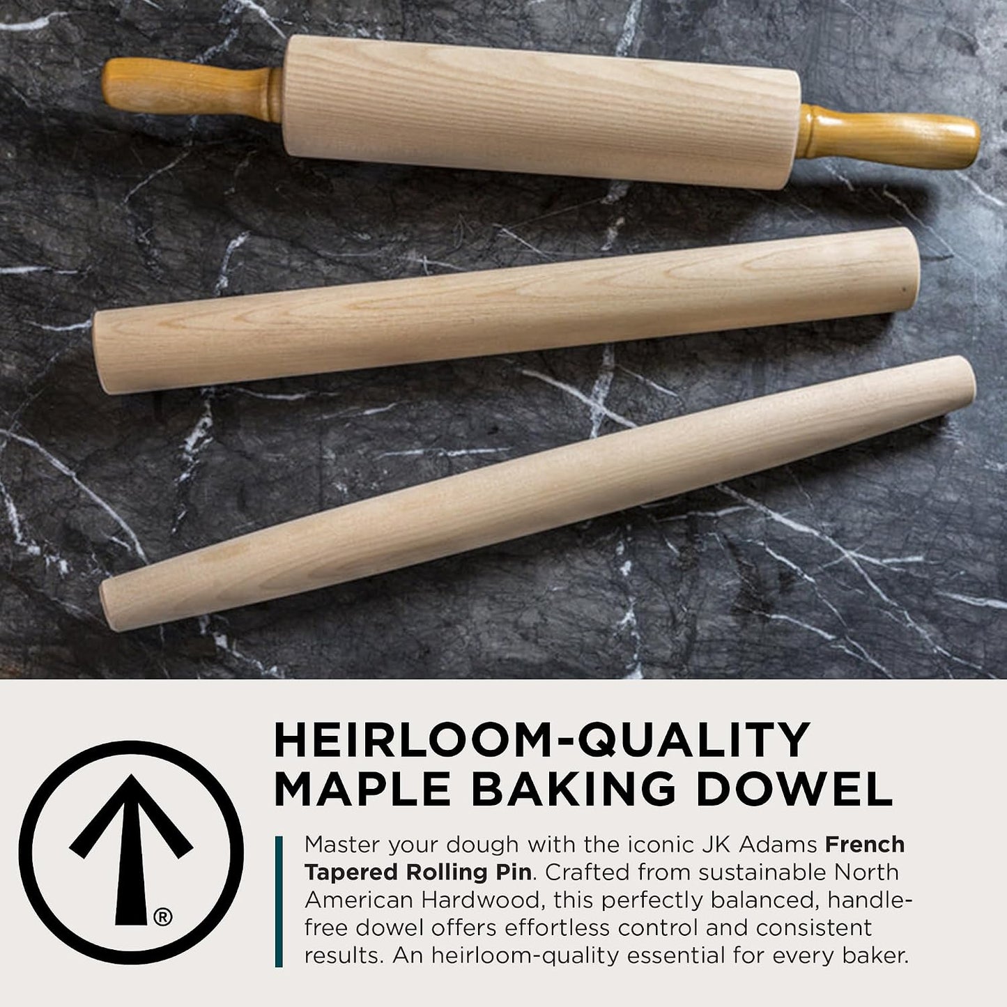French Tapered Rolling Pin, Wooden Baking Dowel, 20.5" x 1.5"