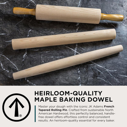 French Tapered Rolling Pin, Wooden Baking Dowel, 20.5" x 1.5"